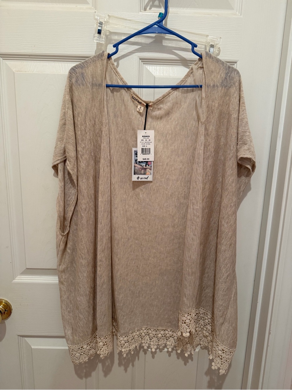 SORAD Oatmeal Sheer Knit Top with Crochet Lace Trim Size S NWT